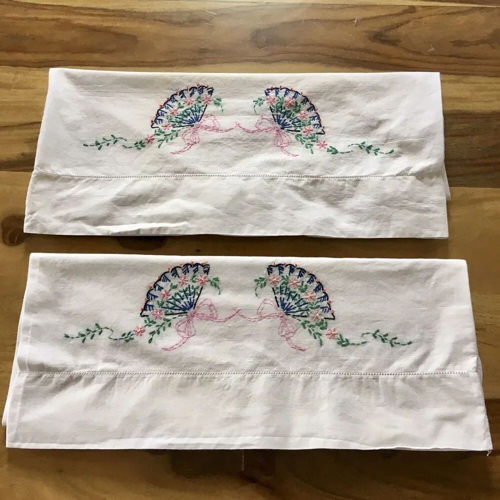Vintage Hand Embroidered Pillow Cases - Fans - Standard size